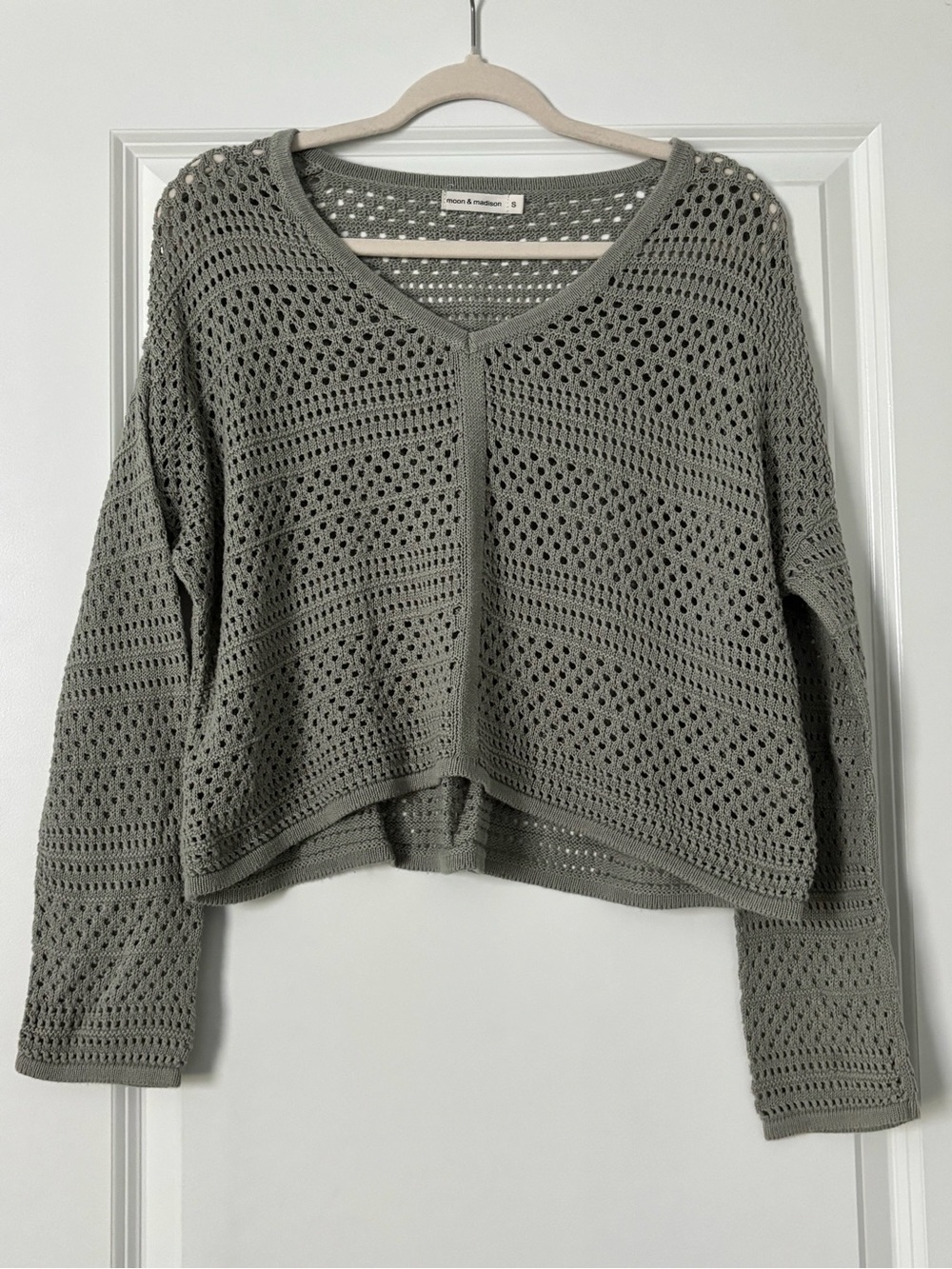 moon & madison Sage Crochet V-Neck Sweater